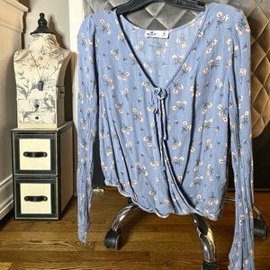 Hollister Blue Floral Wrap-Front Top